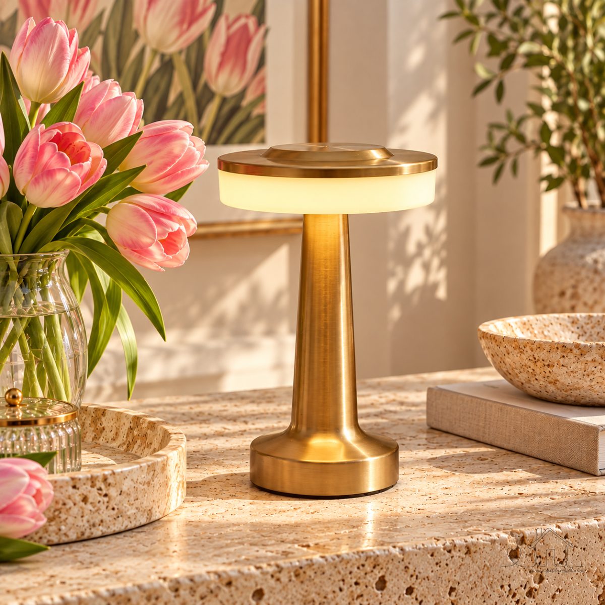 Luminaria Abajur Mesa Metal Sem Fio Recarregavel Touch Dourado Portatil 19cm