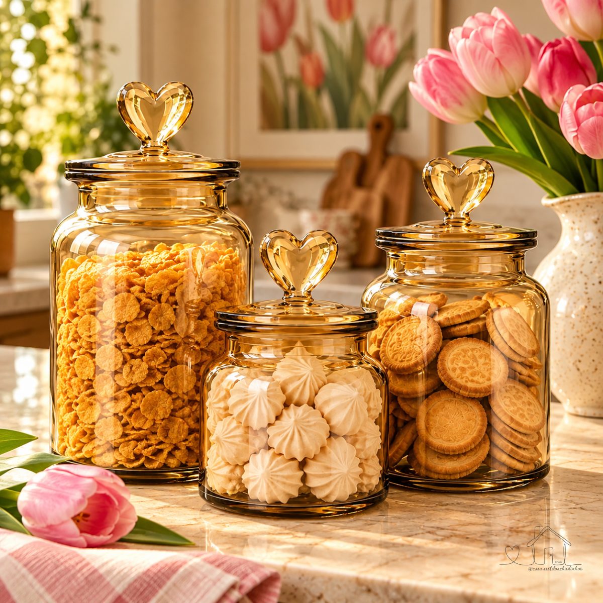 Pote Vidro Âmbar Hermético Decor Coração (Kit com 3)