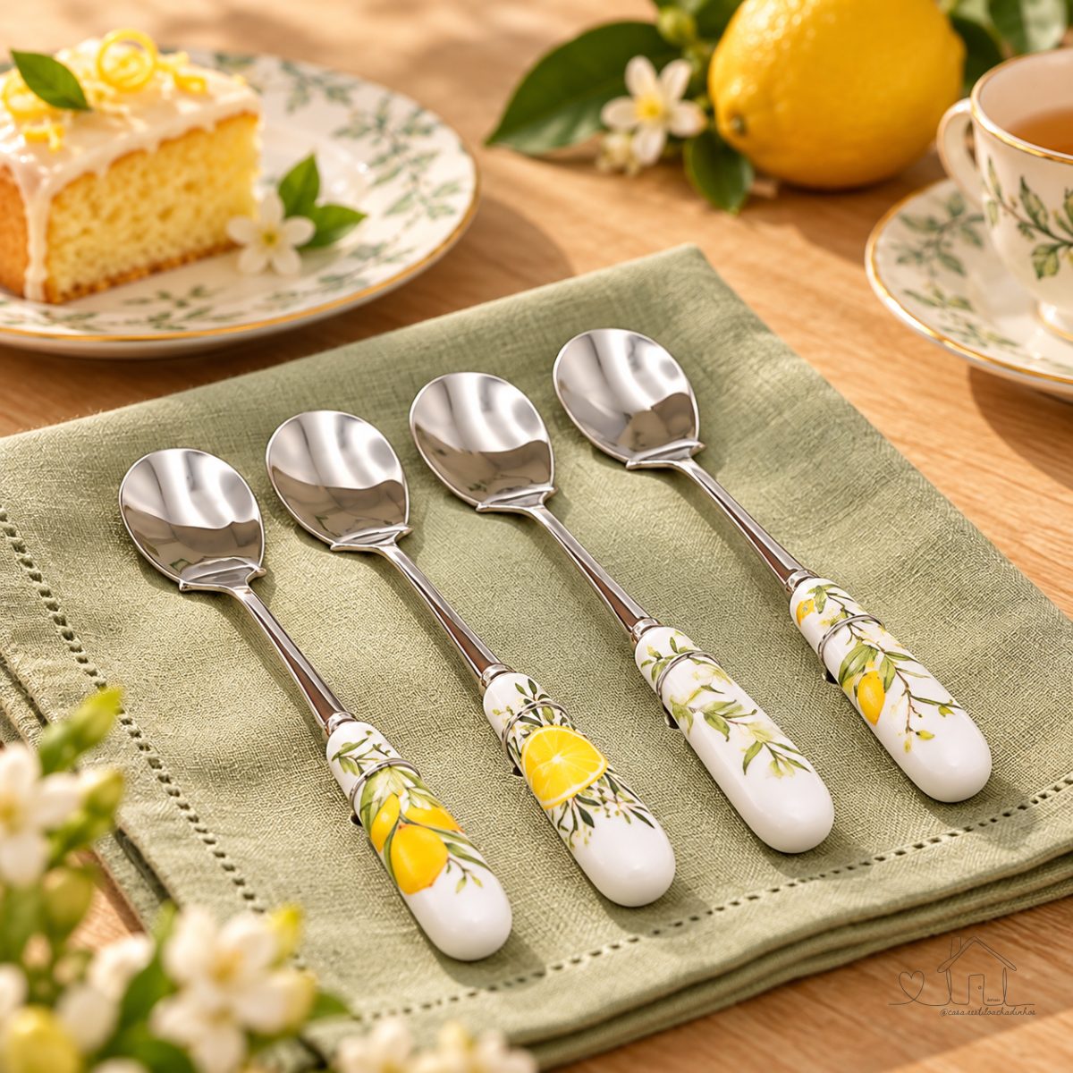 Jogo Talher Sobremesa com 4 Colher Limone Mesa Posta Restaurante Café da Tarde Bolo Torta
