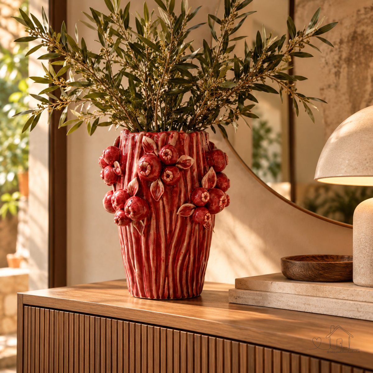Vaso de Cerâmica Decorativo 3D Cachepot Canelado Alongado Orgânico Escultural com Romãs Tridimensionais Vermelho 24cm