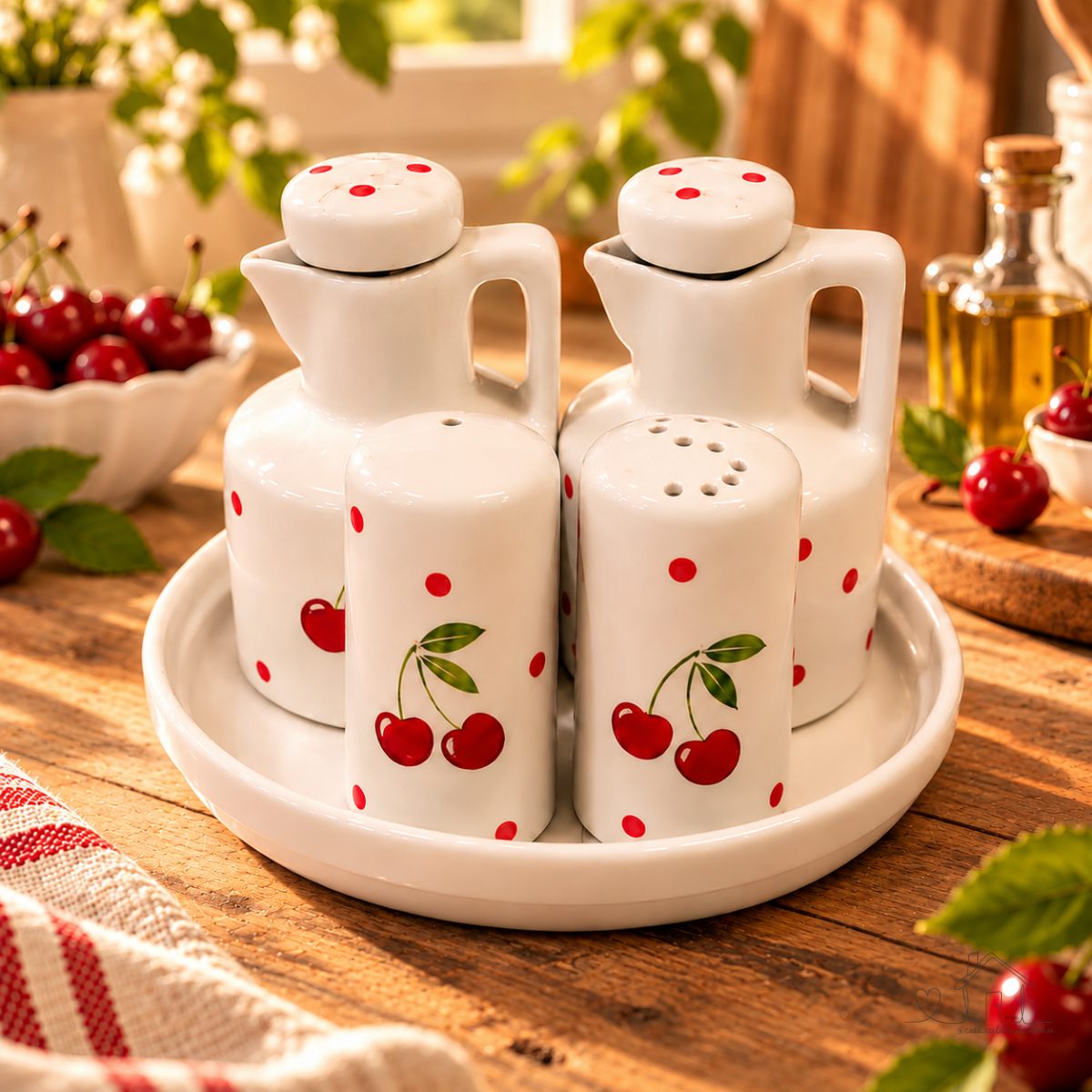 Kit Galheteiro de Porcelana Cereja Completo Azeite Vinagre Sal e Pimenta