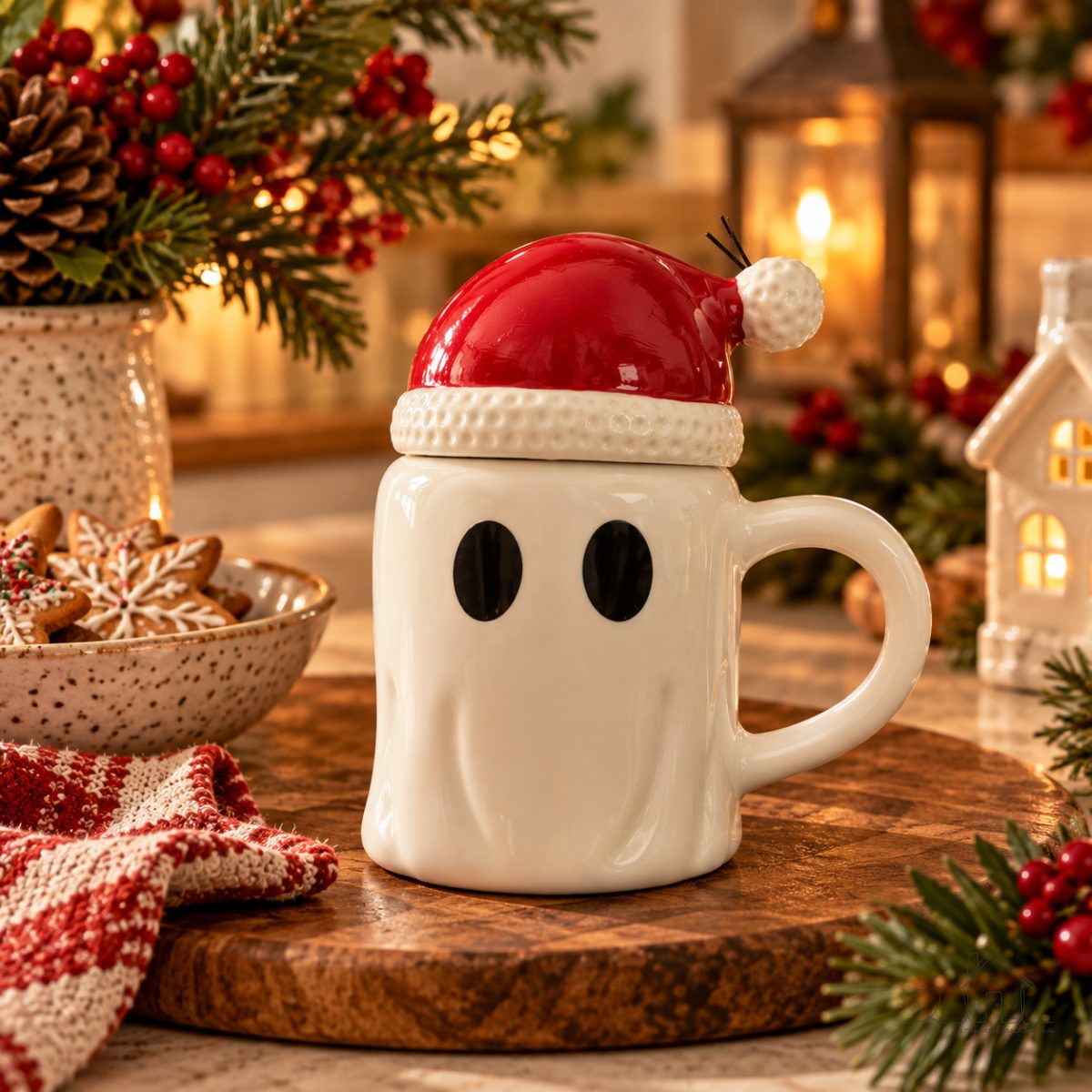 Caneca Halloween Gorro de Papai Noel Natal de porcelana