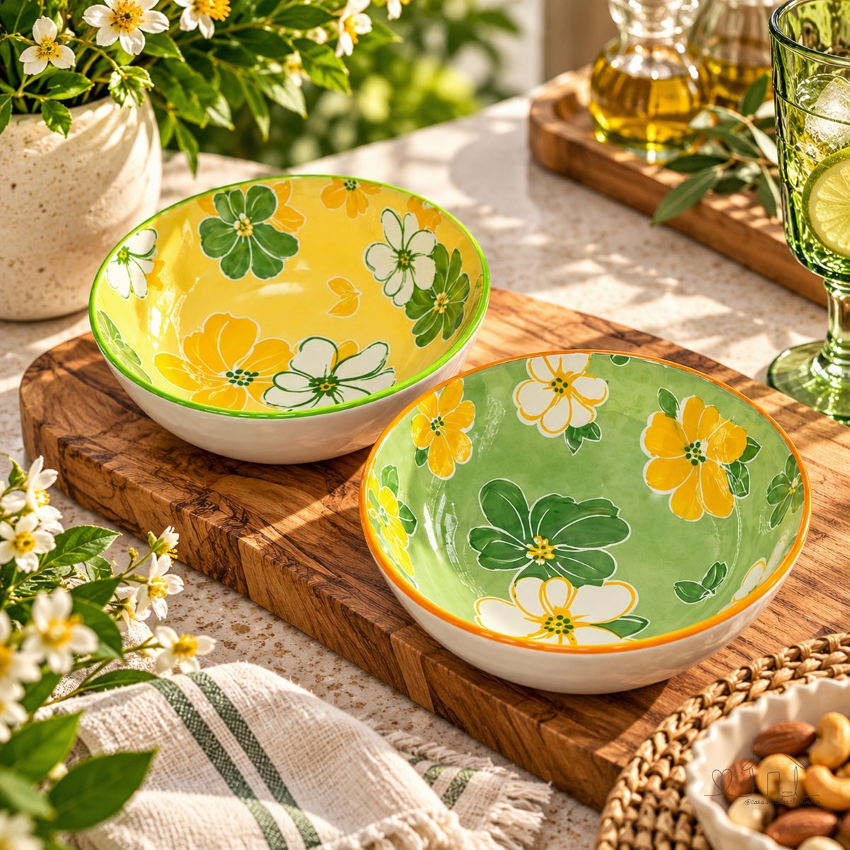 Kit 2 Bowl Porcelana Premium - Floral Colorido Verde e Amarelo
